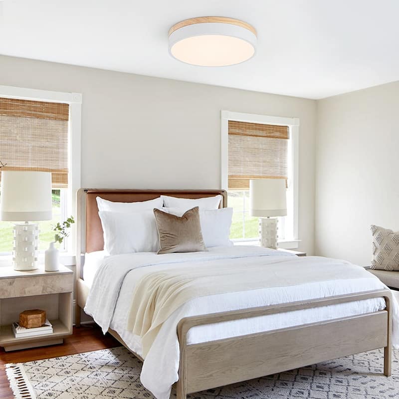 Scandinavian Wooden Accent Round Dimmable LED Flush Mount Light - 11.8 Inches - White