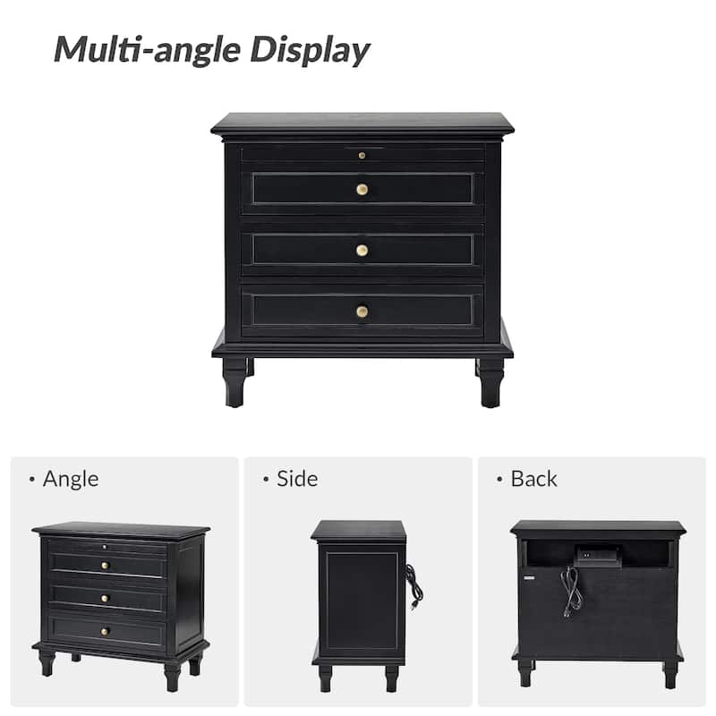 Muriel Farmhouse 3 Drawers Nightstand with Built-In Outlets Set of 2 by HULALA HOME