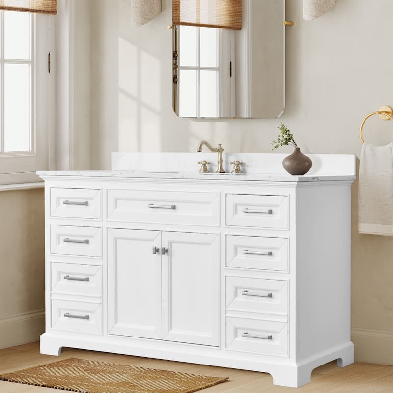 Prismarble Bathroom Vanity 60 in White with Marble Top & Backsplash, Single Sink