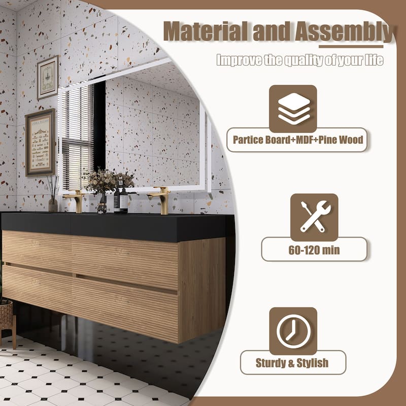 Wall Mounted Bathroom Vanity with Solid Surface Sink and Soft Drawers