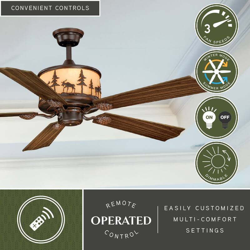 Yellowstone 56-in Rustic Moose Bronze Ceiling Fan and Remote - 56-in W x 18-in H x 56-in D