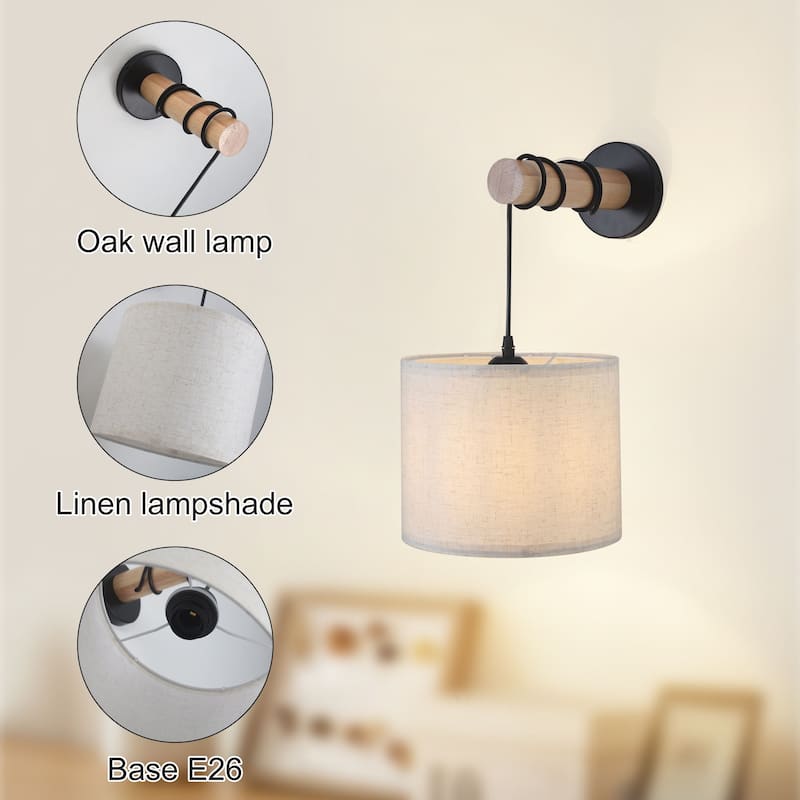 Starsky Indoor Wall Light Wall Sconces with White Fabric Linen Lampshades and Oak Wood Arm, Set of 2 - set of 2