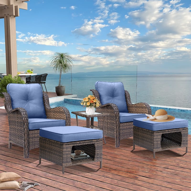 5-piece Outdoor Patio Wicker Conversation Sets With Storage Ottomans - Denim Blue