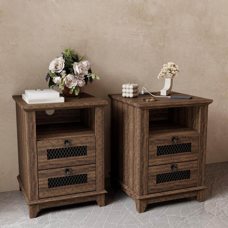 Farmhouse Nightstand Set of 2 with Charging Station, End Table - Reclaimed Barnwood
