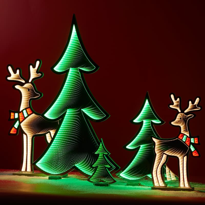 Red-White Acrylic Plastic Deer with Scarf and Infinity Light Display - 13.25” x 2.75” x 23.5” (L x W x H)