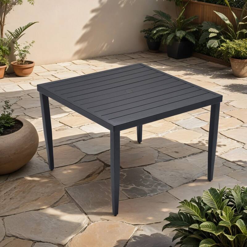 40" x 40" Outdoor Patio Aluminum Square Dining Table with Tapered Feet and Umbrella Hole – Ember Black‌