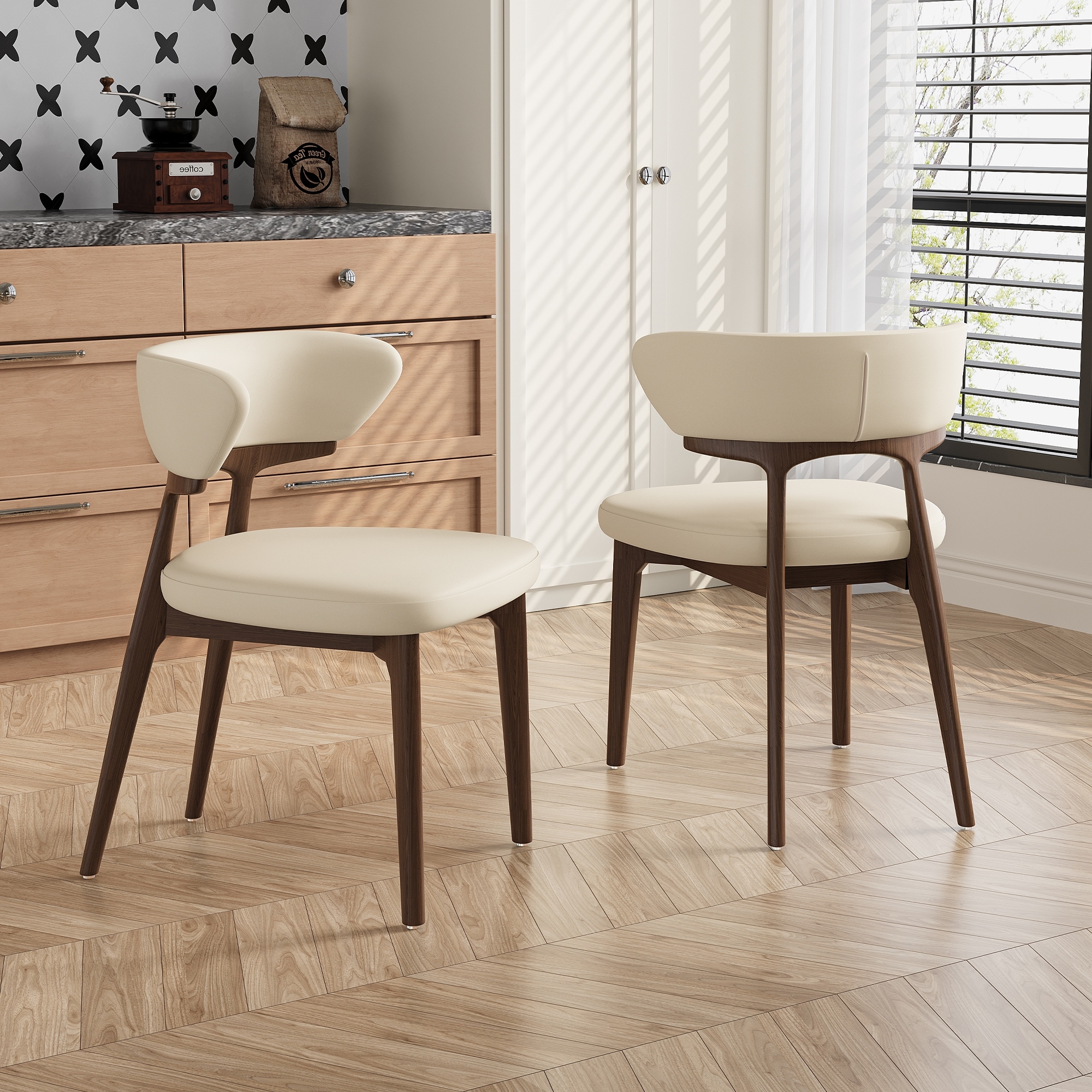 Faux Leather Dining chairs,Black Solid Wood, Beige Faux Leather, Set of 2, Not Assembled need