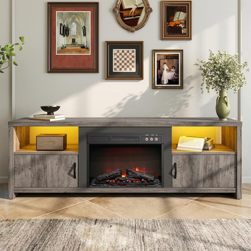 Bestier 70" Fireplace TV Stand for TVs up to 75", LED Entertainment Center with 23" Remote Control Electric Fireplace - Grey