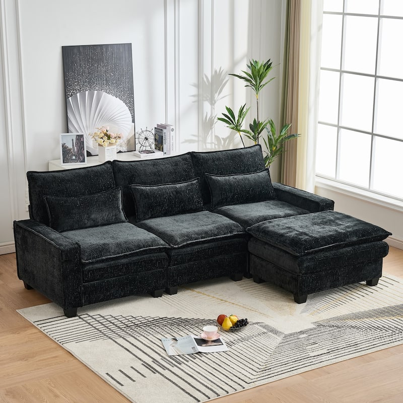 Cloud Chenille L-shaped Sectional Sofa, Deep Seat Couch with Thick Cushions, Movable Ottoman and Waist Pillows for Living Room - Black