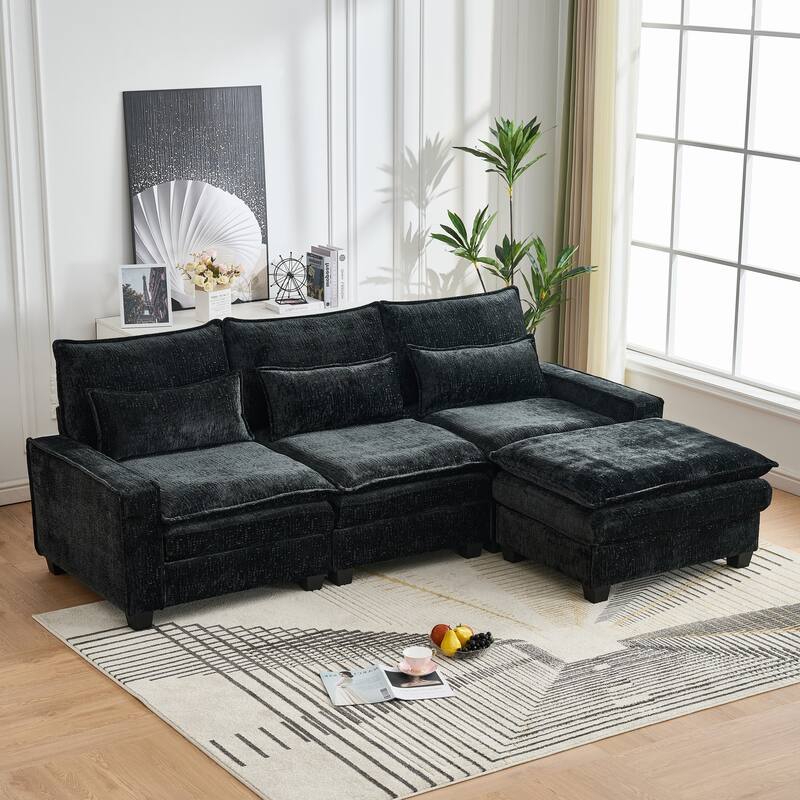 Roomfitters 99" Modern Modular Sectional Sofa with Reversible Ottoman, Padded Armrest Couch with Lumbar Pillows