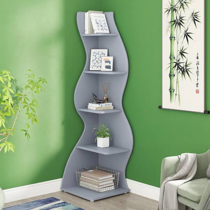 Modern 5-Tier Corner Shelf Unit with Adjustable Shelves for Living Room Office or Bedroom - 19.68” x 18.89” x 69.88”