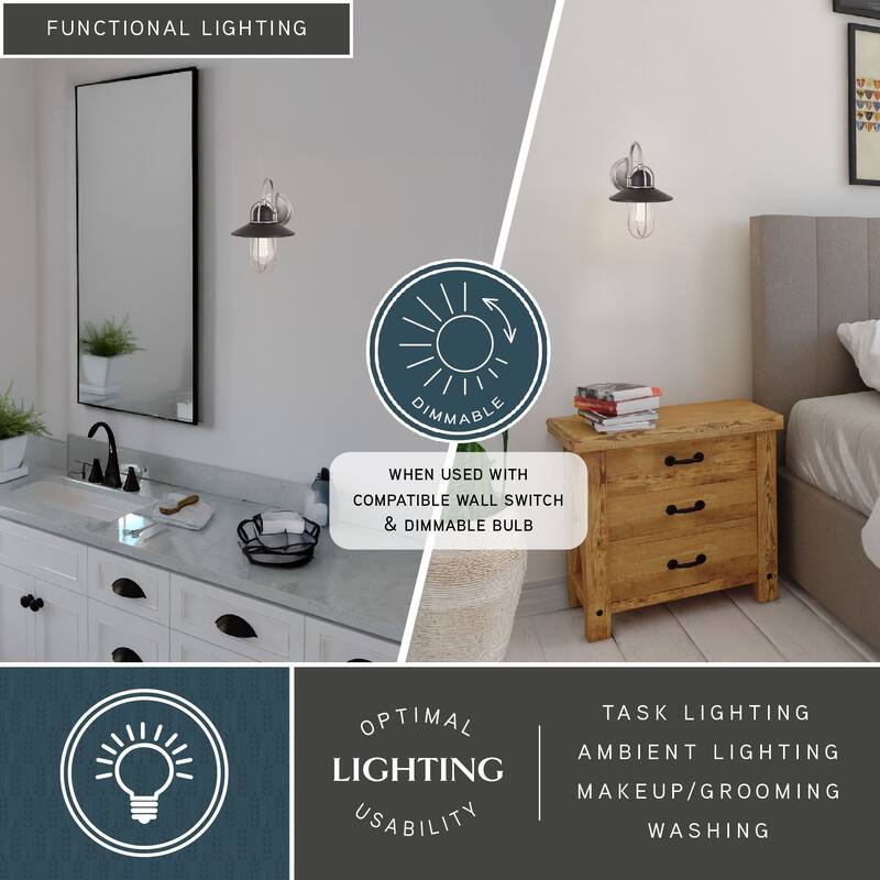 VAXCEL Galena Matte Black and Satin Nickel Nautical Coastal Bathroom Vanity Lighting Fixture, Steel Cage Wall Sconce