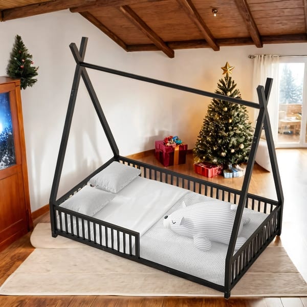 slide 2 of 20, Kid Bed Frame House-Shaped Metal Twin Platform Bed with Triangle Structure and Guardrail Black