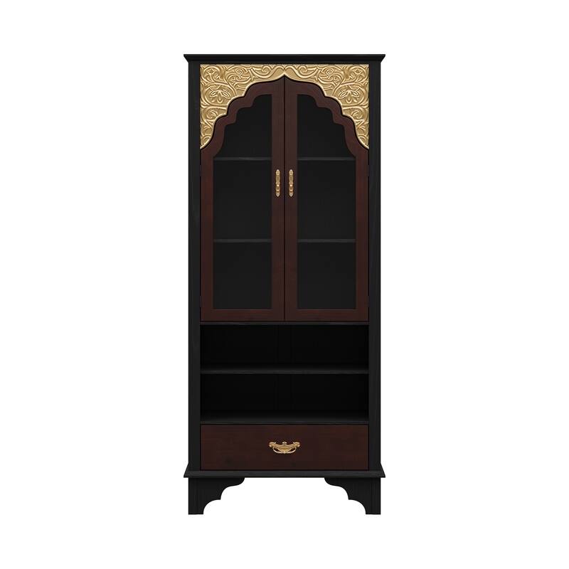 Asian Style Display Cabinet with Glass Doors Accent Curio Cabinet with Drawer Solid Wood and Tempered Glass Storage Shelf