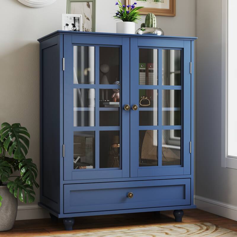 Accent Cabinet with Glass Doors and Drawers, Wooden Buffet and Sideboard Cupboard with Storage - Blue