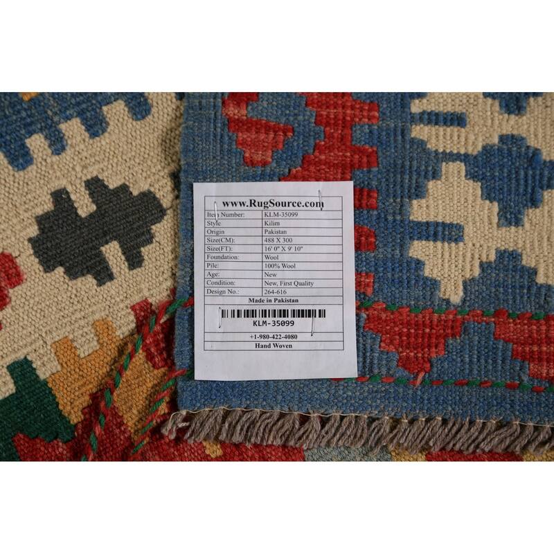 Palace Size Geometric Kilim Oriental Rug Hand-Woven Wool Carpet - 9'10"x 16'0"