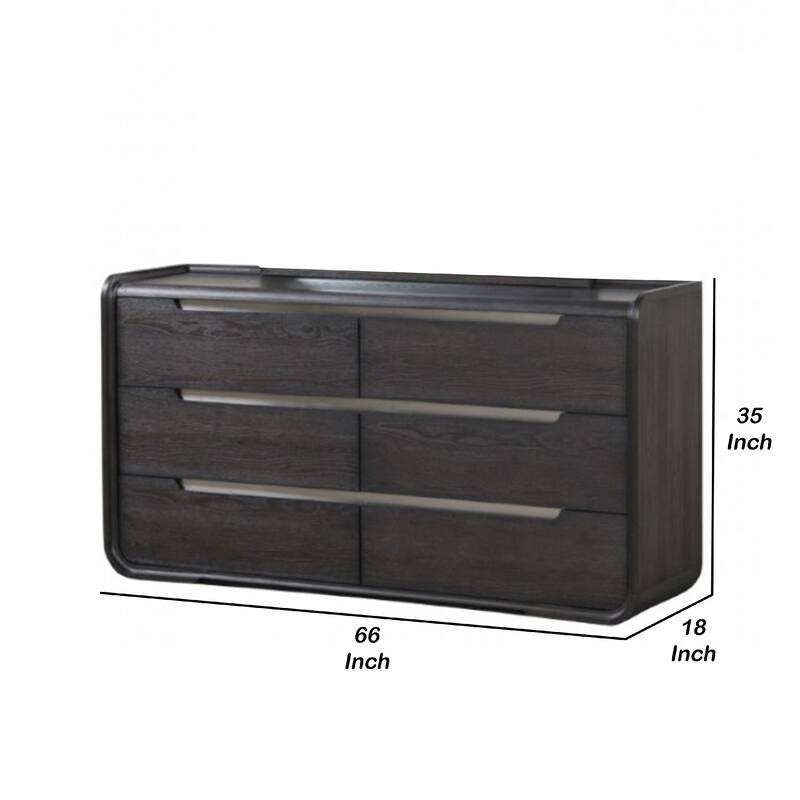 Osko 6 Drawer Wide Dresser, Black Solid Wood with Stainless Steel Trim