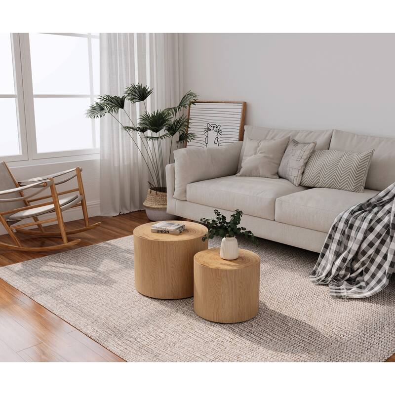 Nesting Coffee Table Set of 2, Modern Round Wooden Accent Tables, Space-Saving Circle Drum Side Tables