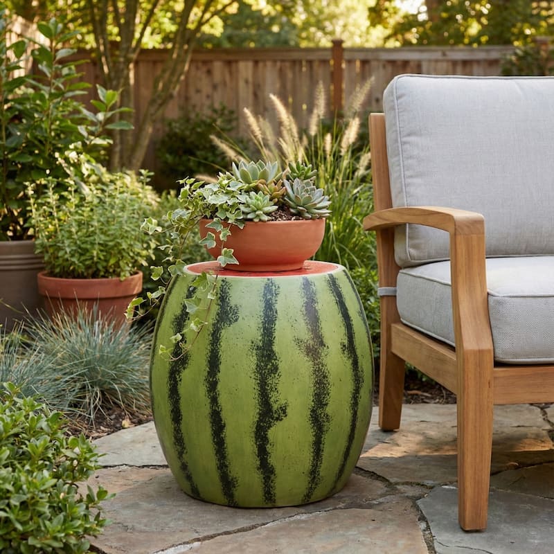 Resin Textured Watermelon Garden Stool - Green, 17"