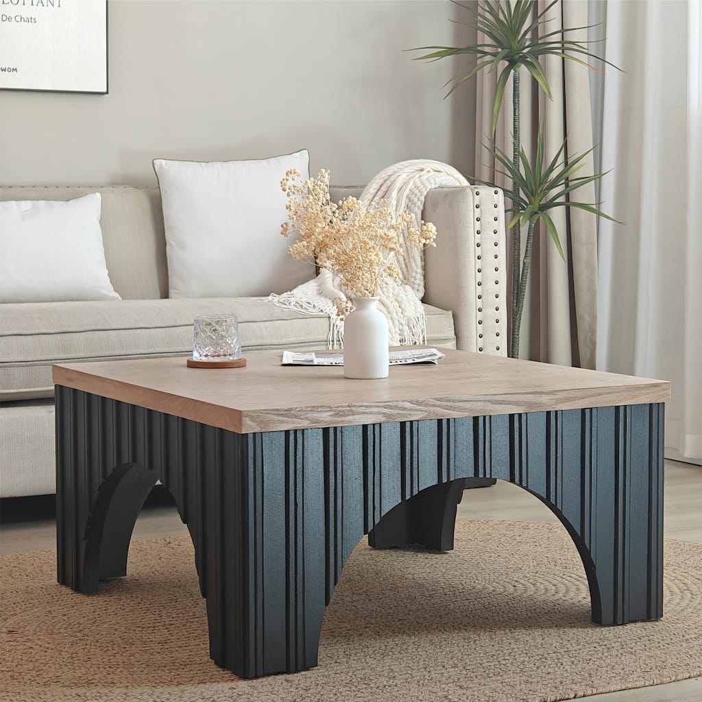 Rustic Square Coffee Table with Black Vertical Stripe Arched Base and Natural Wood Grain Top for Living Room Lounge Office