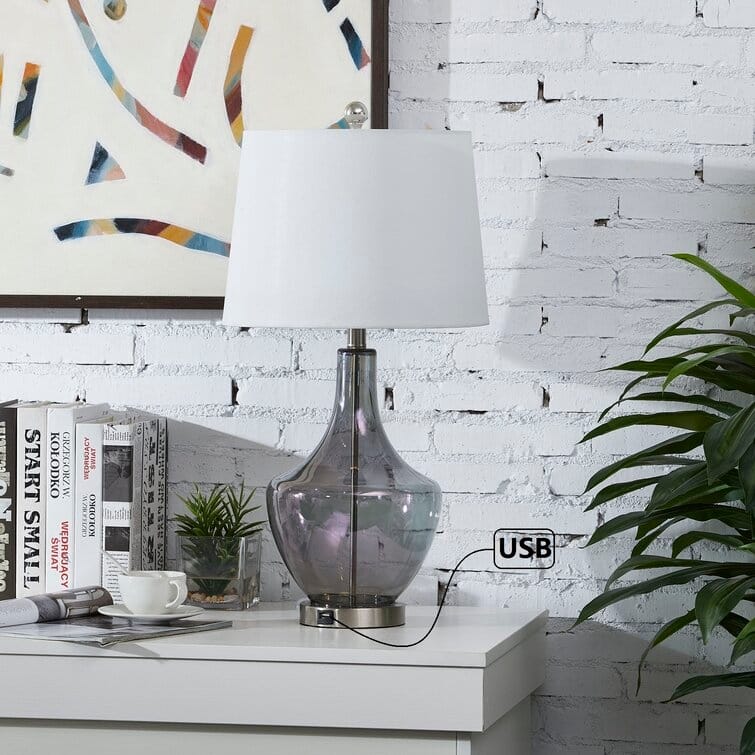 26" Clear Glass Bedside Lamp with USB