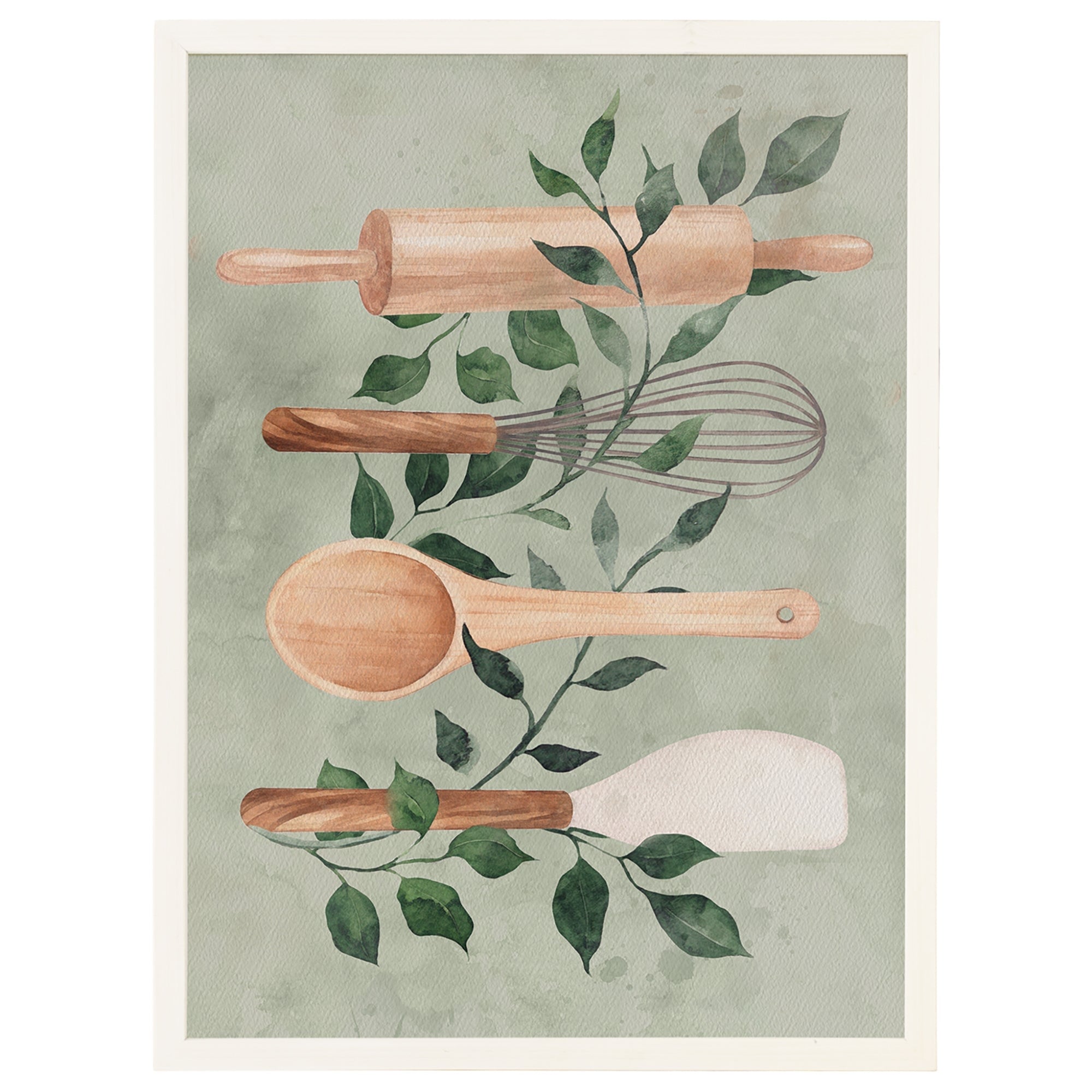 Sincere Surroundings White Wood Frame Wall Art Greenery Utensils