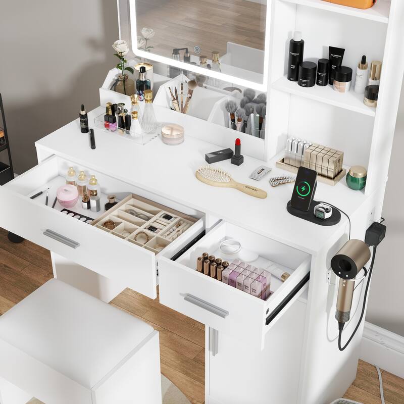 2-Piece Vanity Set with Upholstered Stool, Makeup Vanity Desk with LED Light Mirror and Charging Station