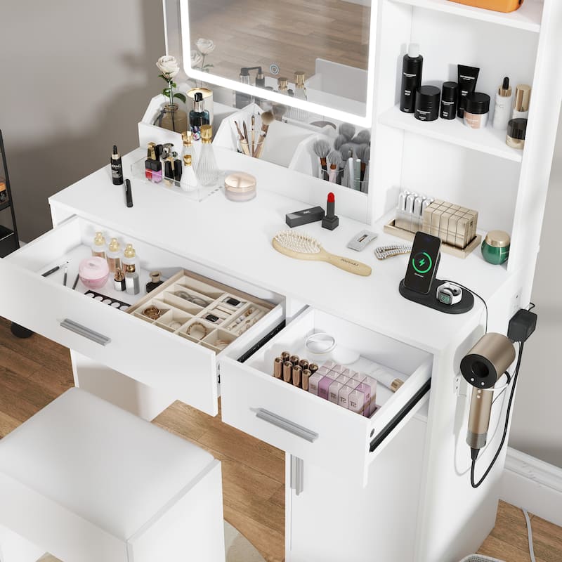 Makeup Vanity Set, Vanity Desk with Stool, LED Light Mirror and Charging Station