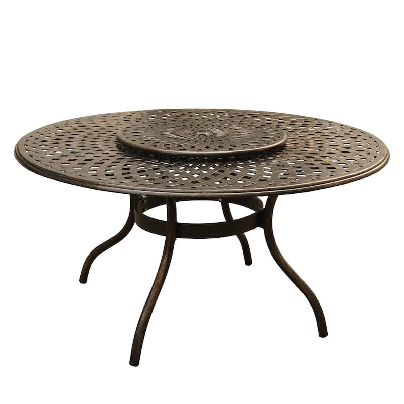 Modern Ornate Outdoor Mesh Aluminum 59-in Large Round Patio Dining Set with Lazy Susan and Six Chairs - N/A