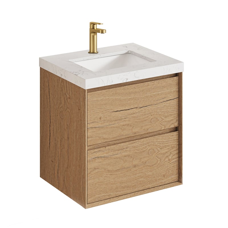 Sylphar 24 inch Bathroom Vanity with Sink, Floating Oak Cabinet with Stone Top