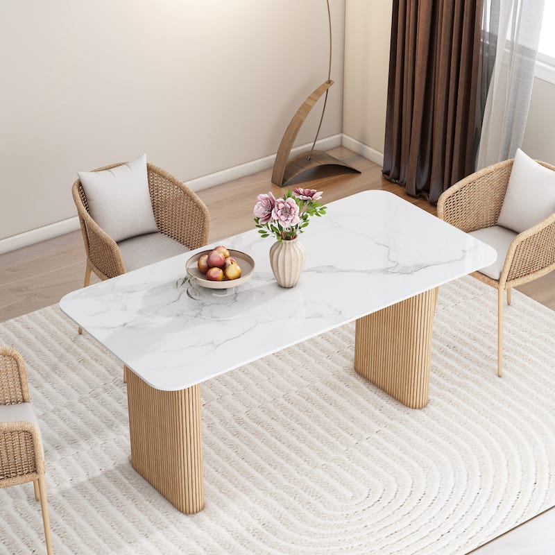Marble Top Dining Table with Pedestal Grain Wood Base