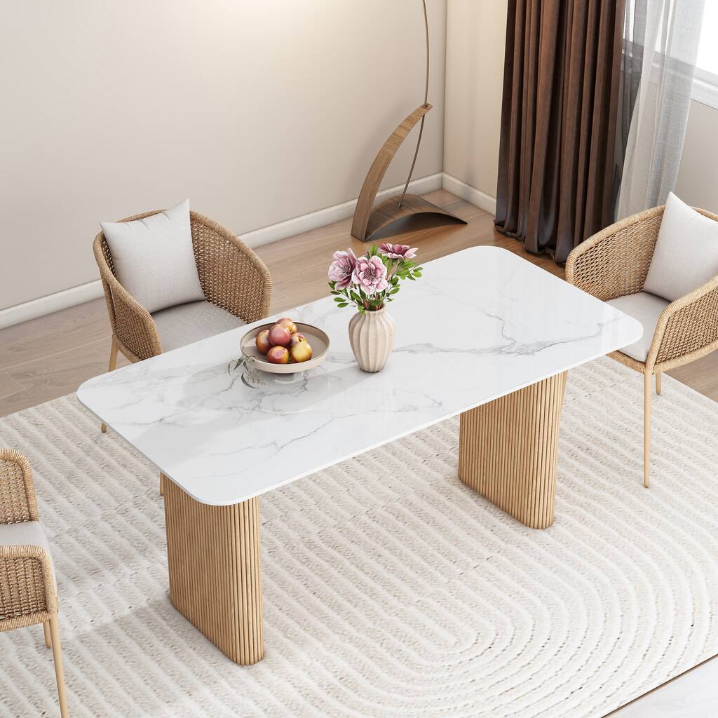 Marble Top Dining Table with Pedestal Grain Wood Base