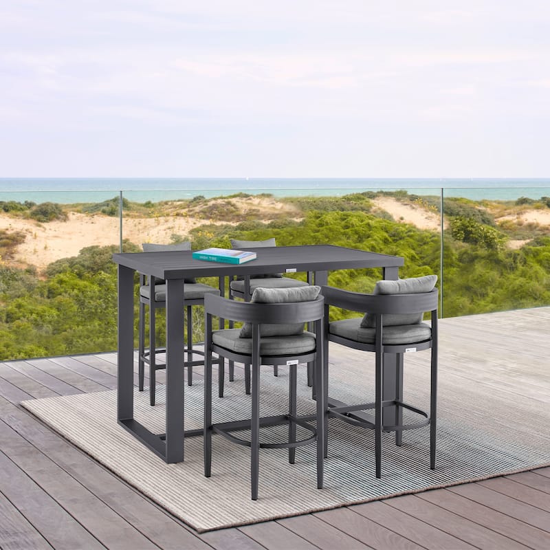 Menorca Outdoor Patio Counter or Bar Height Bar Stool in Aluminum with Grey Cushions