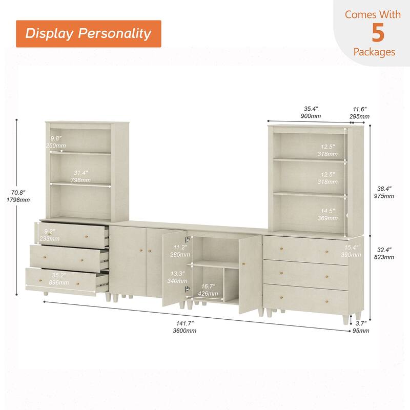 WAMPAT Modern Entertainment Center with Bookshelves for 75" TVs