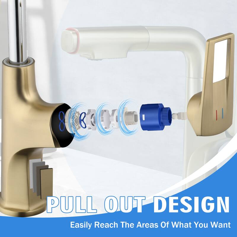 Anmytek Brushed Gold Pull-Down Bathroom Vessel Faucet - Single Hole, Lift Spout & Dual Spray Modes - 8.27 x 2.17 x 12.80 inches