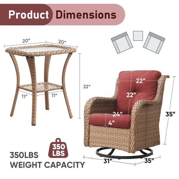 dimension image slide 1 of 9, Pocassy 3-Piece Outdoor Swivel Bistro Set, Wicker Rocking Chairs