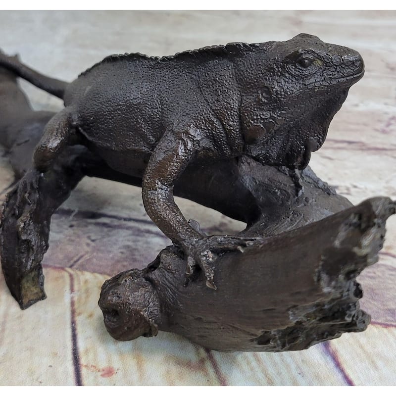 Bronze Iguana On Tree Branch Sculpture Hand Made Clic Reptile Artwork Statue