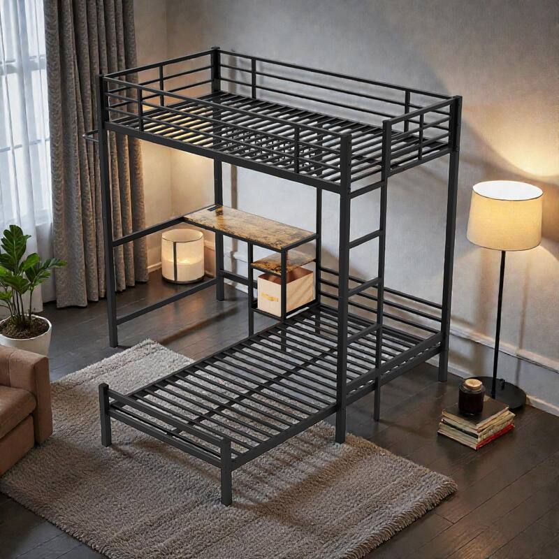 Twin Over Twin Metal Bunk Bed with L-Shaped Desk, Storage Shelves and Drawers, Loft Bunk Bed with Guardrail