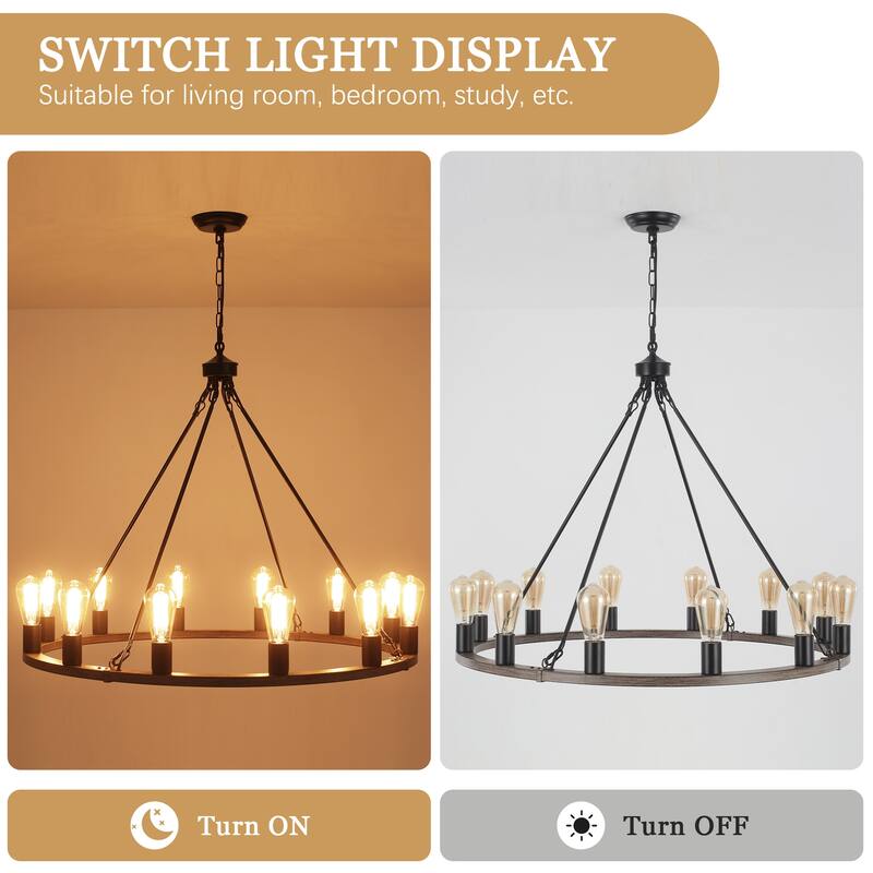 12-Light Circel Candlestick Wagon Wheel Chandelier Hanging Linear Chandelier Lighting for Kitchen Island