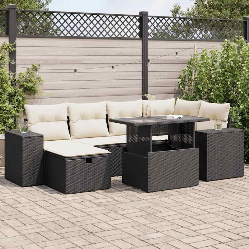 vidaXL Patio Sofa Set with Cushions Outdoor Furniture 7 Piece Poly Rattan - Black and cream with storage - 21.7 x 39.4 x 28.7 in