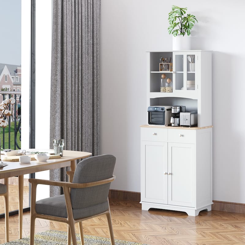 Kitchen Buffet Cabinet with Wood Countertop and Adjustable Shelves, Tall Storage Cabinet with Drawers and Acrylic Doors - White