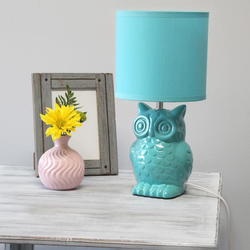 Tall Ceramic Owl Bedside Table Desk Lamp with Drum Shade - 12.75" - Tiffany Blue