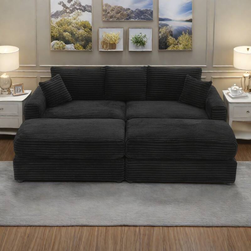 82" Corduroy 2-Piece Sectional Sofa with Stretch Slipcovers and 2 Pillows - Black