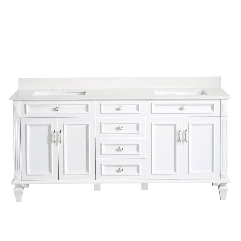 35'' H Solid Wood Bath Vanity with Stain-resistant Carrera White Quartz Top and Double Sink