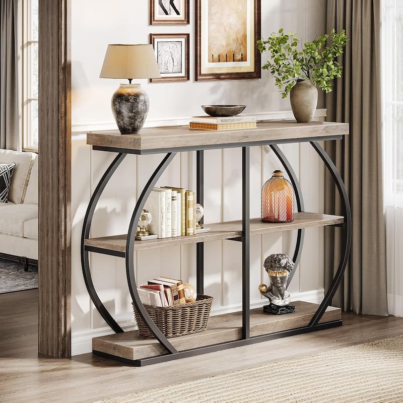 41.3 Inches Brown Wooden Console Table, 3-Tier Industrial Sofa Table for Living Room