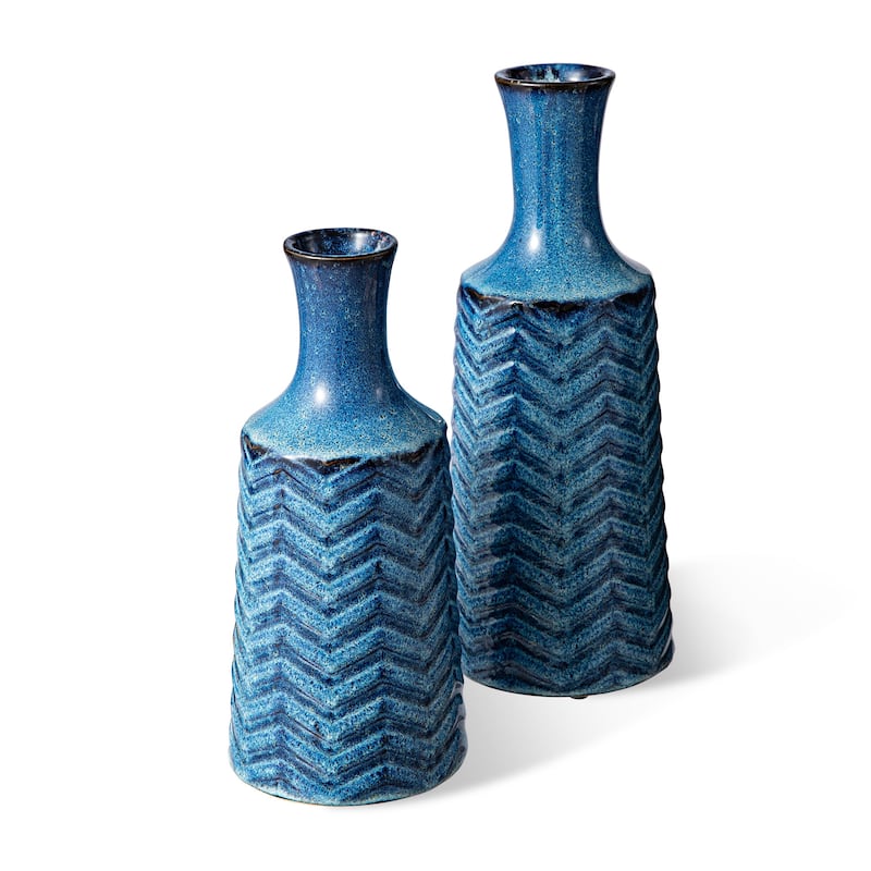 Glitzhome Set of 2 Brilliant Blue Ceramic Table Decorative Vases with Chevron Pattern