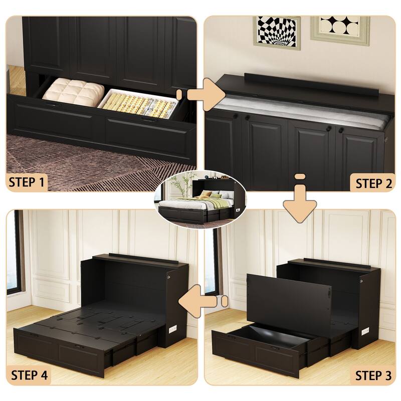 Murphy Bed Cabinet with Charging Port and Storage Drawer, White