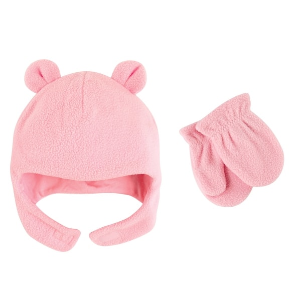slide 1 of 1, Luvable Friends Baby Girl Beary Cozy Hat and Mitten Set 2pc, Light Pink Light Pink Baby - 0-6 Months