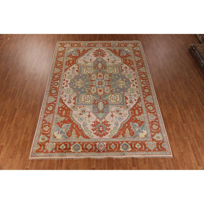 Geometric Heriz Serapi Indian Large Rug Hand-Knotted Pink Wool Carpet - 9'10" x 13'9"