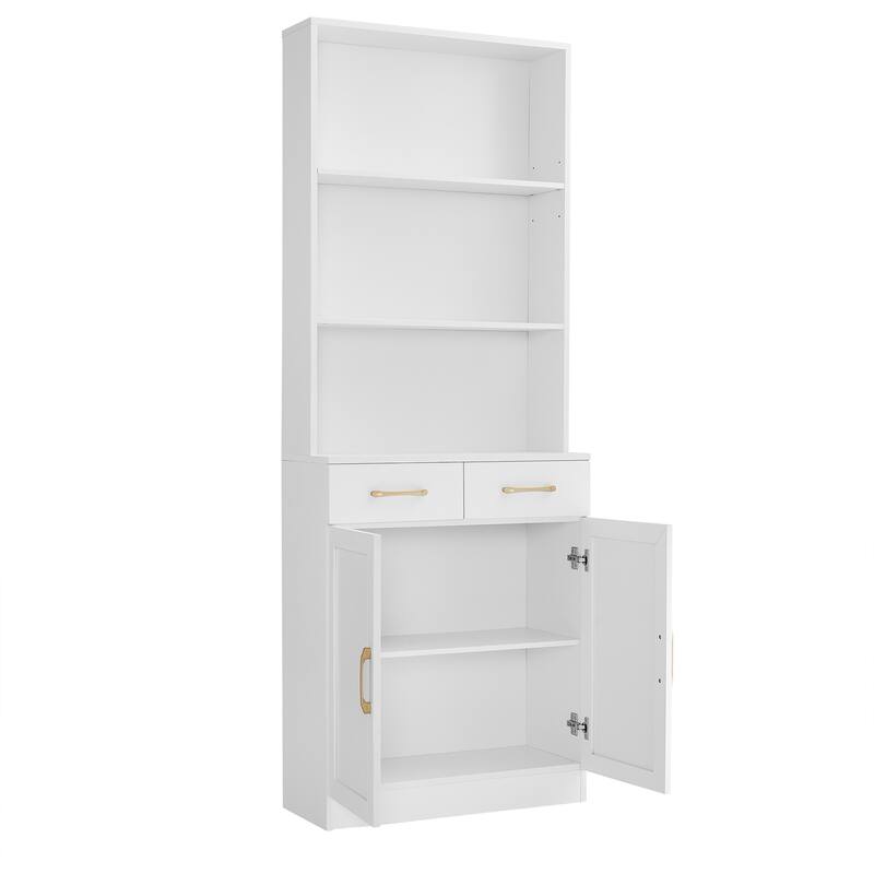Storage Cabinet for Bathroom, 2 Doors Wooden Cabinet with 2 Drawers Three-layer Open Shelf, Bathroom Floor Cabinets
